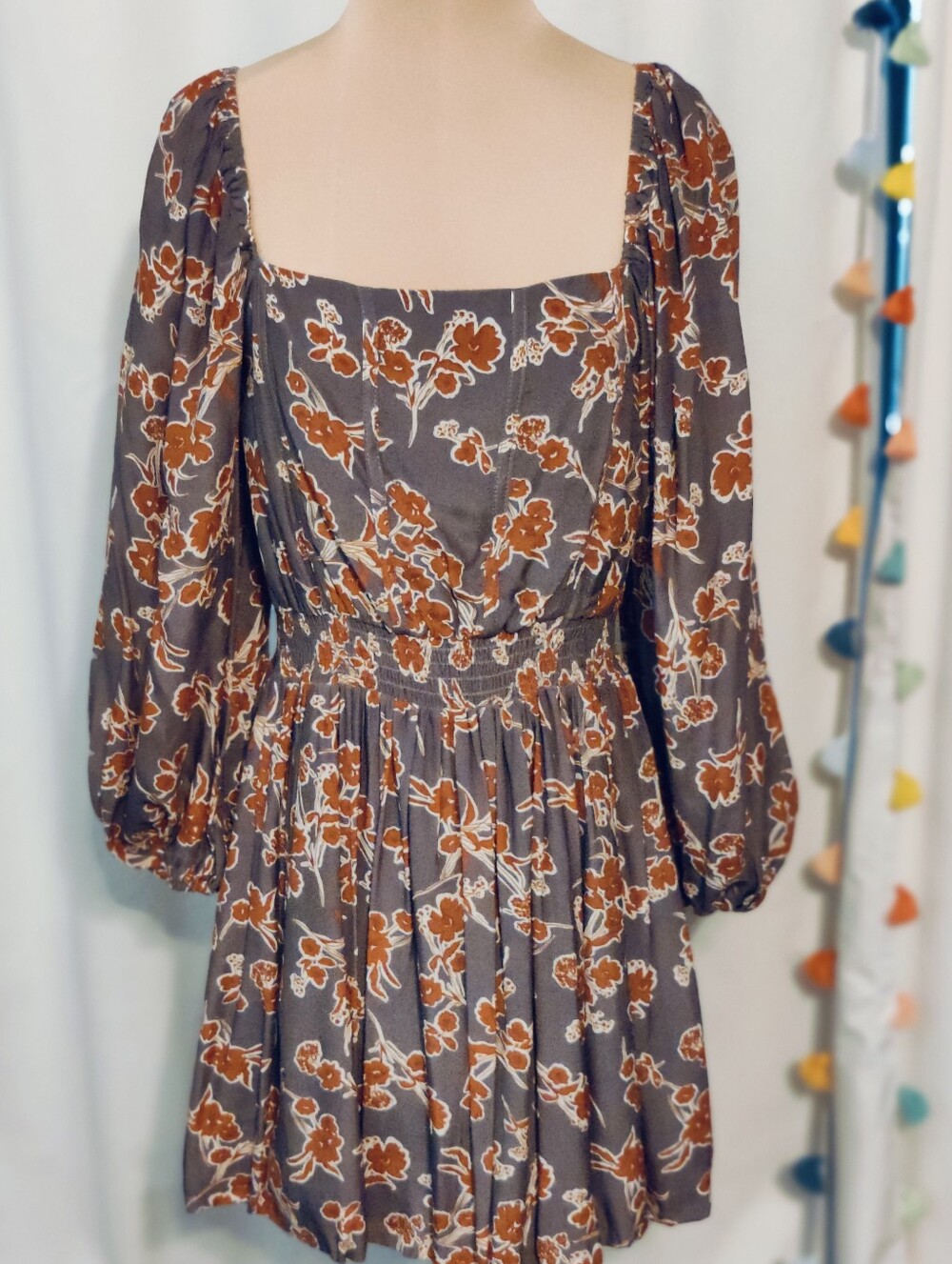fab'rik Babydoll Autumn Transition Mini Dress bubble hem full sleeves S